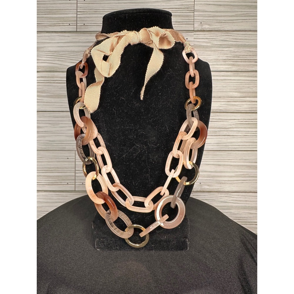 Pink Cream Chunky Link Beige Resin Ribbon Tie Necklace